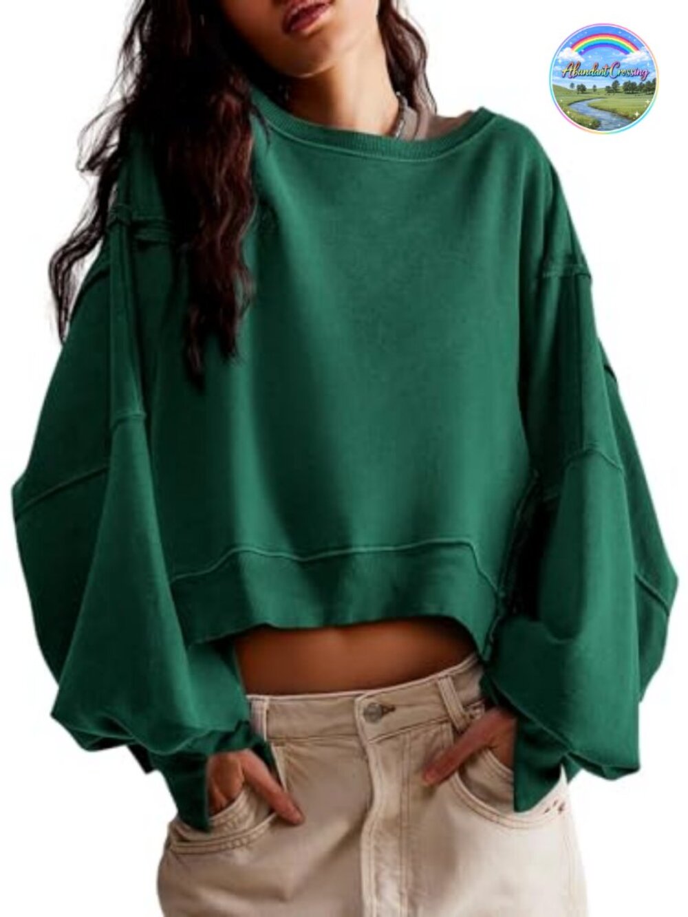 Loose Fit Crop Sweatshirt Crew Neck Long Sleeve Pullover Women